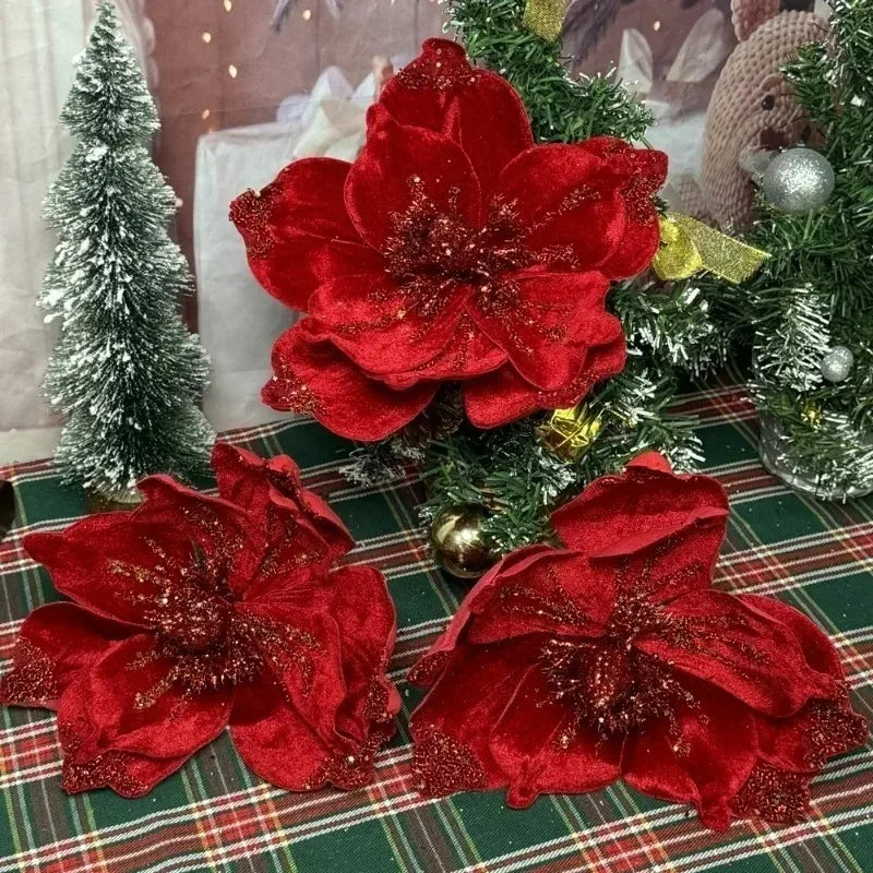 Artificial Glitter Christmas Flowers Red Poinsettia Xmas Tree Hanging Ornament Magnolia Fake Flower Wedding Party New Year Decor