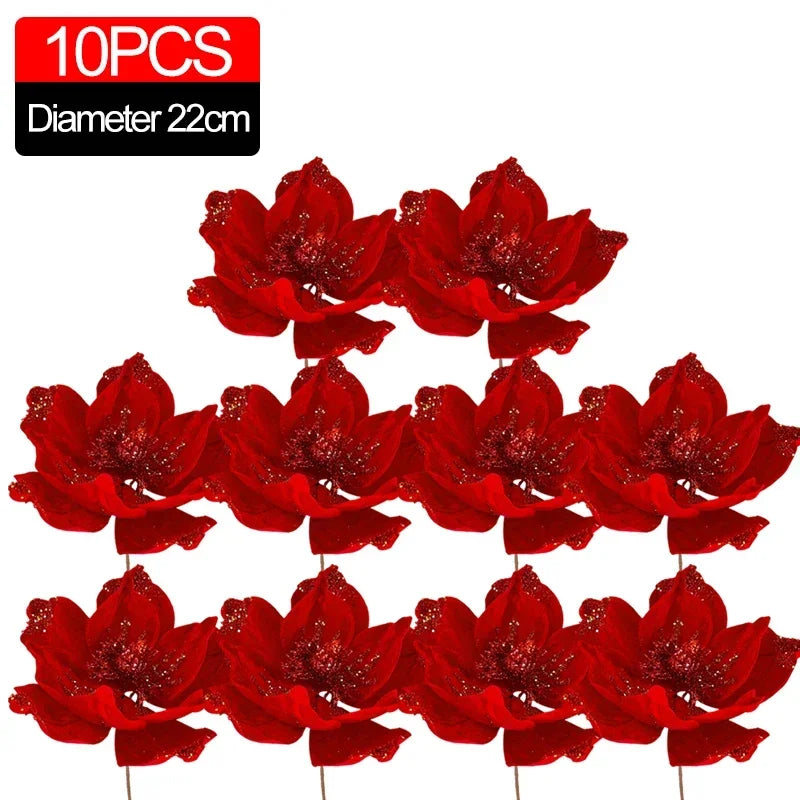 Artificial Glitter Christmas Flowers Red Poinsettia Xmas Tree Hanging Ornament Magnolia Fake Flower Wedding Party New Year Decor
