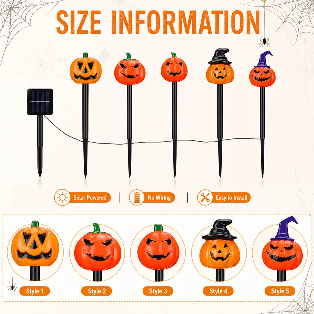 5pcs/set Halloween Horrible Pumpkin Stakes Lights Spooky Solar Powered Garden Lamp For Halloween Outdoor Party Yard Patio Decor