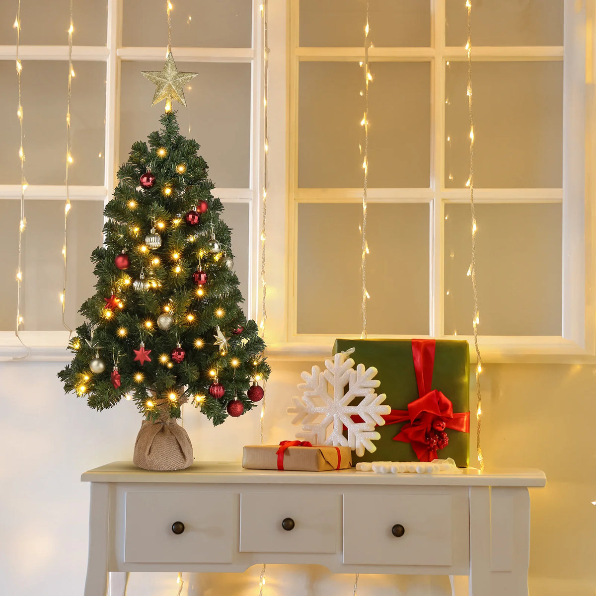 3ft Christmas Tree with 150 Branches – PVC, 100 Warm White LED Lights, 8 Modes, Battery Operated, Star Topper, Linen Base, for Home, Office, Party, Tabletop Decor – Easy Assembly, Durable, Fire-Resistant