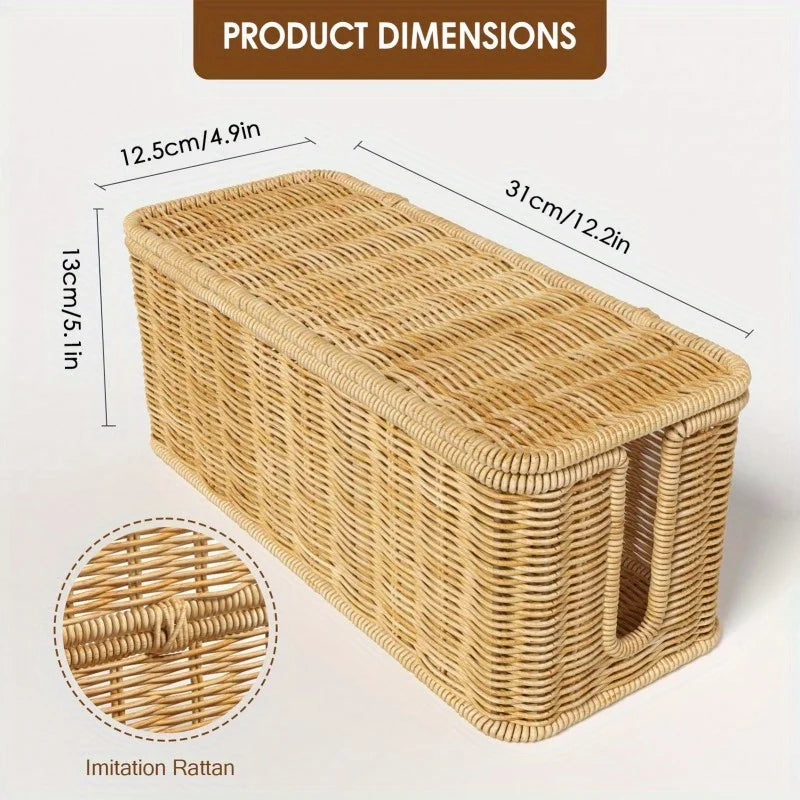 Durable Rattan Woven Cable Storage Box Desktop Cable Management Organizer Openable Lid Cable Entry Slots for Power Strip and Data Cables Home Office