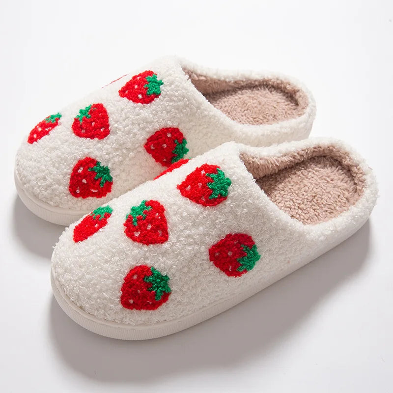 Women Winter Lovely Strawberry Plush Slippers Female Soft Home Warm Slides Adults Indoor Fashion Red Heart-shaped Pattern Shoes