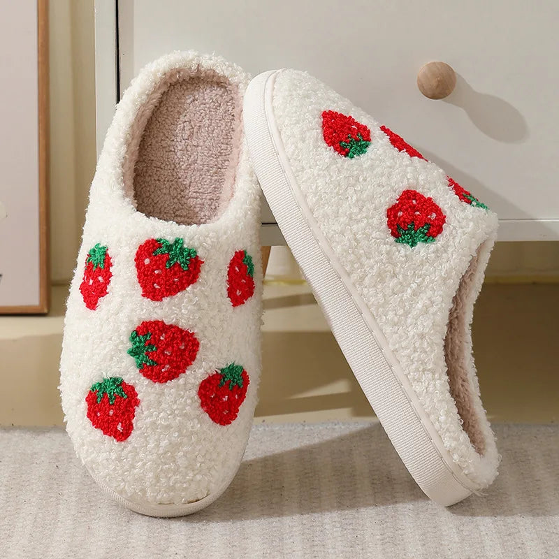 Women Winter Lovely Strawberry Plush Slippers Female Soft Home Warm Slides Adults Indoor Fashion Red Heart-shaped Pattern Shoes