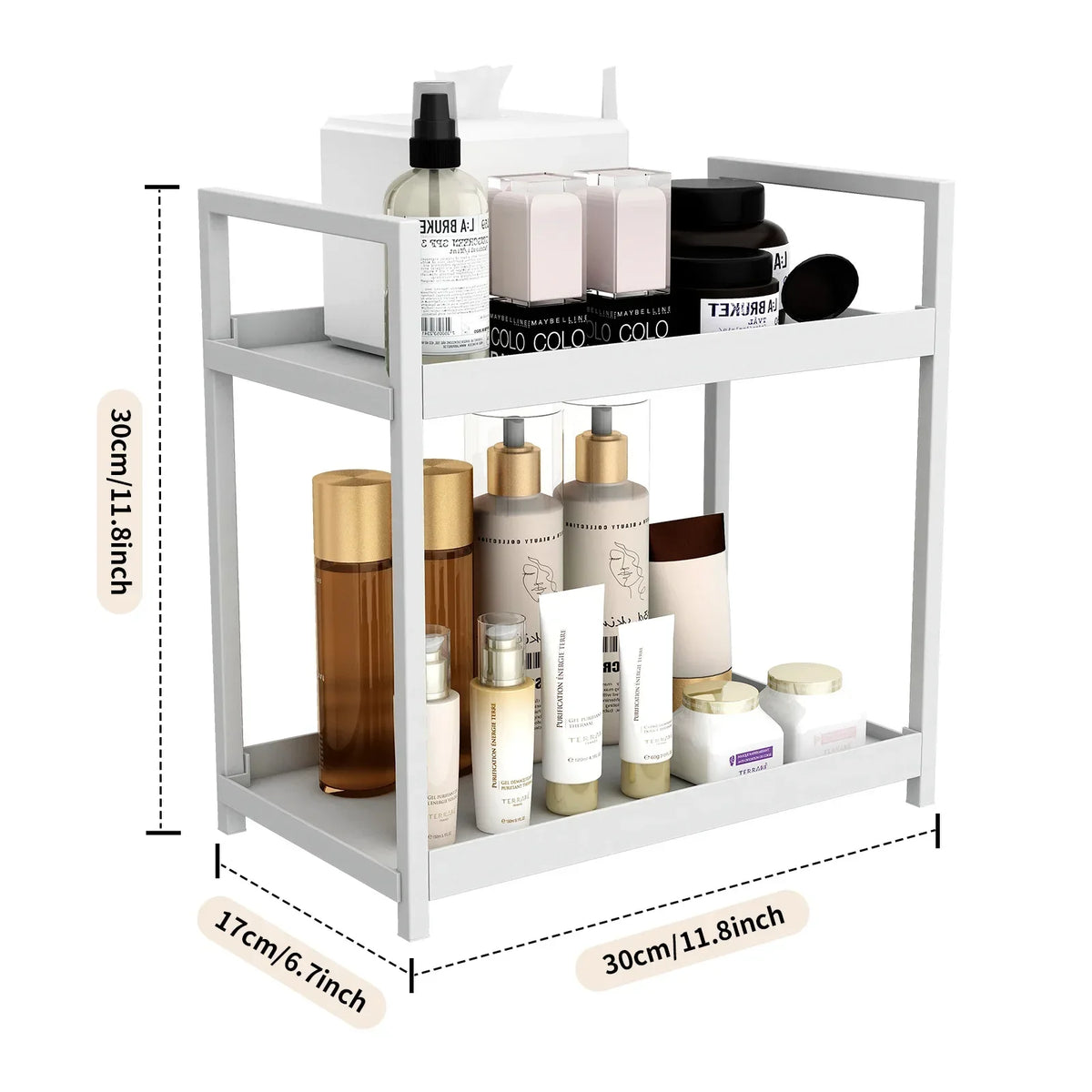 2 Tier Under Sink Organizer Sliding Cabinet Basket Organizer Storage Rack with Hooks Hanging Cup Bathroom Kitchen Organizer