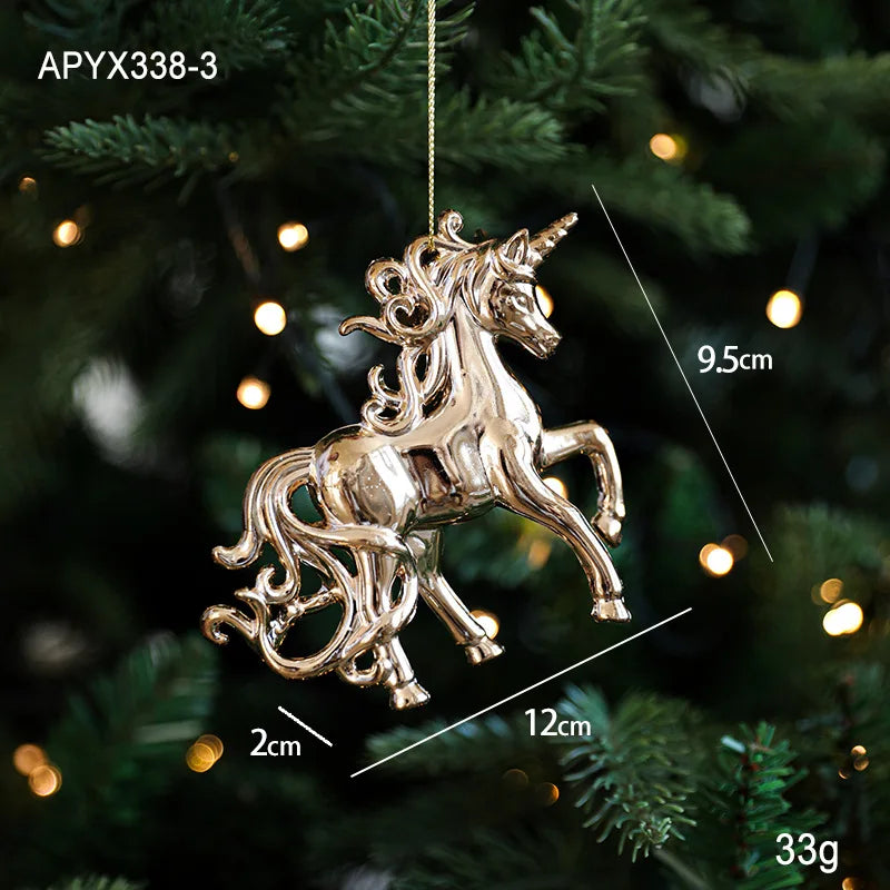 2025 Christmas Tree Ornaments Gold Plastic Elk Unicorn Angel Snowflake Hanging Pendants 2026 New Year Home Decoration Kids Gift
