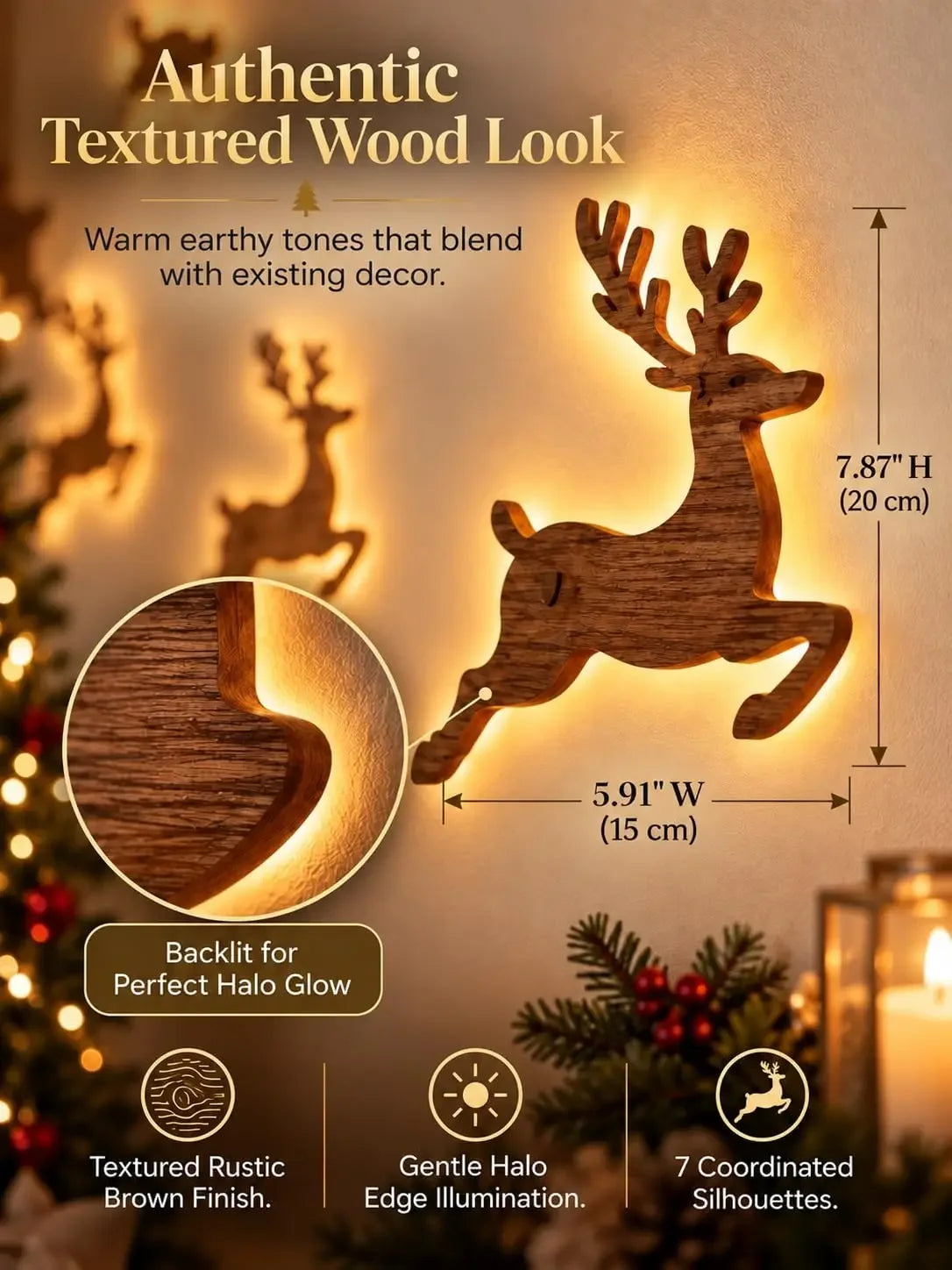 3D Reindeer Glow Santa Sleigh Christmas Wall Decoration Indoor Lighted,LED Light up Glowing Reindeer 3D Wooden Wall Art Stickers