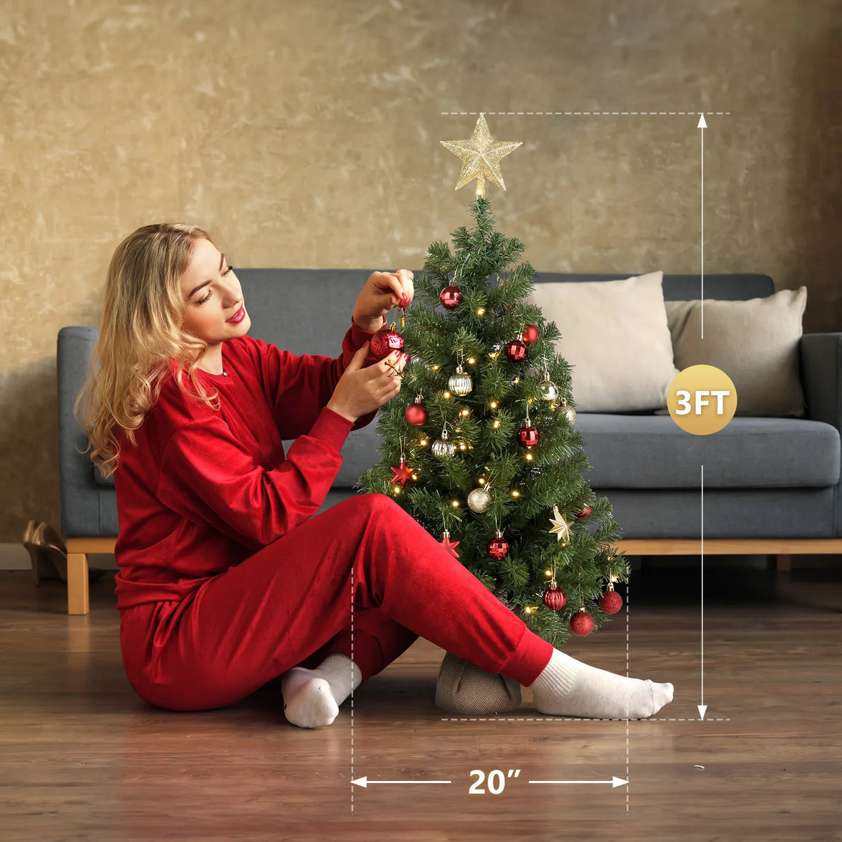 3ft Christmas Tree with 150 Branches – PVC, 100 Warm White LED Lights, 8 Modes, Battery Operated, Star Topper, Linen Base, for Home, Office, Party, Tabletop Decor – Easy Assembly, Durable, Fire-Resistant