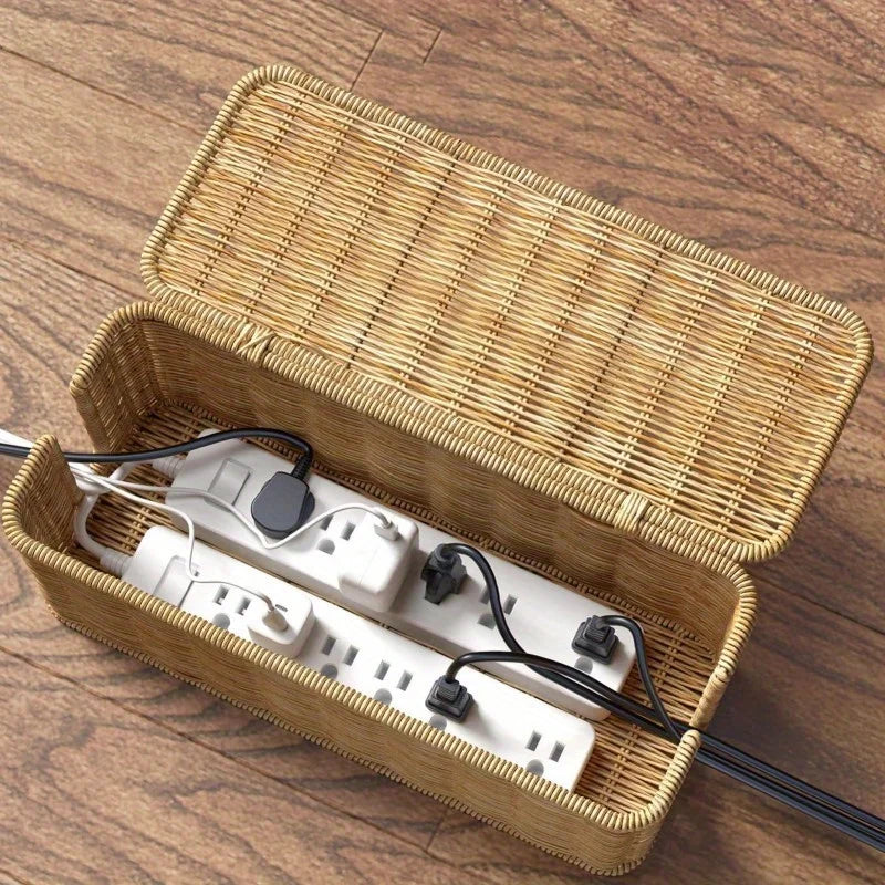 Durable Rattan Woven Cable Storage Box Desktop Cable Management Organizer Openable Lid Cable Entry Slots for Power Strip and Data Cables Home Office