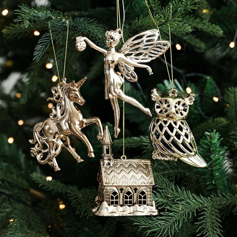 2025 Christmas Tree Ornaments Gold Plastic Elk Unicorn Angel Snowflake Hanging Pendants 2026 New Year Home Decoration Kids Gift