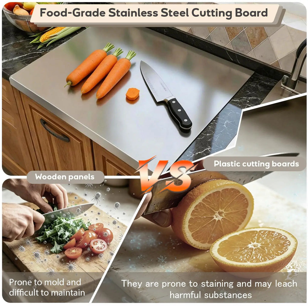 Stainless Steel Cutting Board  Food Grade 304 Extra Large Chopping Board with Non-Slip L-Shaped Edge Metal Pastry Board Dough Roller Mat   Double Sided for Meat Vegetables Dough Kneading Baking Kitchen Tool