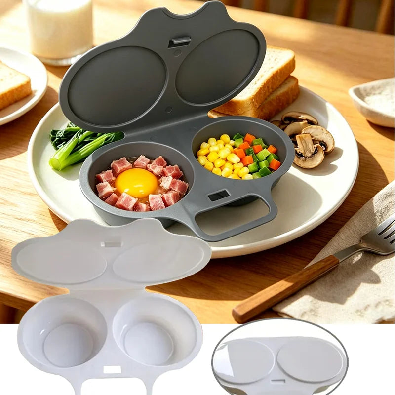 2 Cavity Microwave Egg Poacher Kitchen Round Steamed Egg Cooking Mould With Cover Reusable Non-stick Omelet Poached Egg Tool