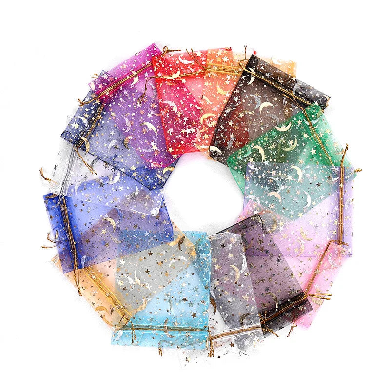 50pcs/lot 7x9cm Moon Star Organza Bags Adjustable Drawstring Bag for Wedding Gifts Candy Jewelry Packaging Pouch Wholesale