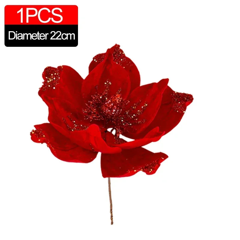 Artificial Glitter Christmas Flowers Red Poinsettia Xmas Tree Hanging Ornament Magnolia Fake Flower Wedding Party New Year Decor
