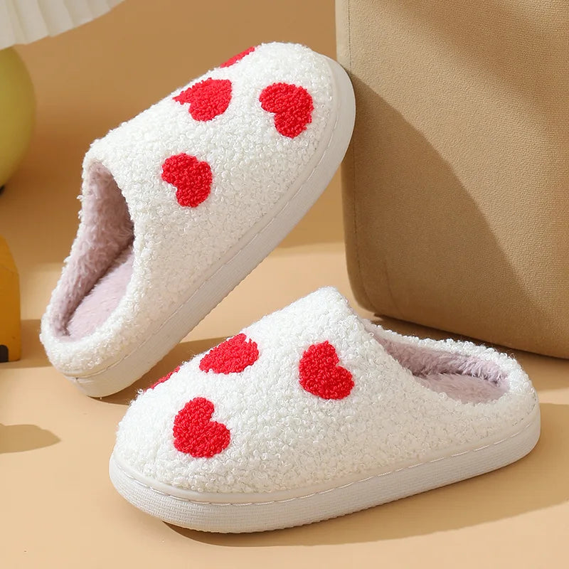 Women Winter Lovely Strawberry Plush Slippers Female Soft Home Warm Slides Adults Indoor Fashion Red Heart-shaped Pattern Shoes