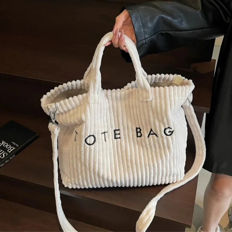Large Capacity Striped Velvet Handbag Shoulder Bag for Woman Handbags Crossbody Bags, Versatile Letter Corduroy Women's Tote Bag