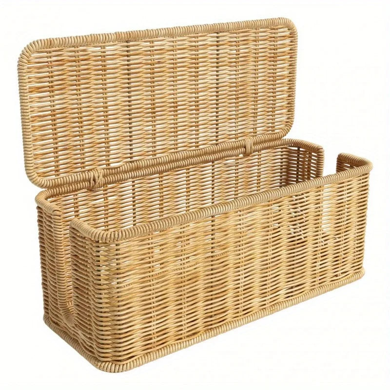 Durable Rattan Woven Cable Storage Box Desktop Cable Management Organizer Openable Lid Cable Entry Slots for Power Strip and Data Cables Home Office