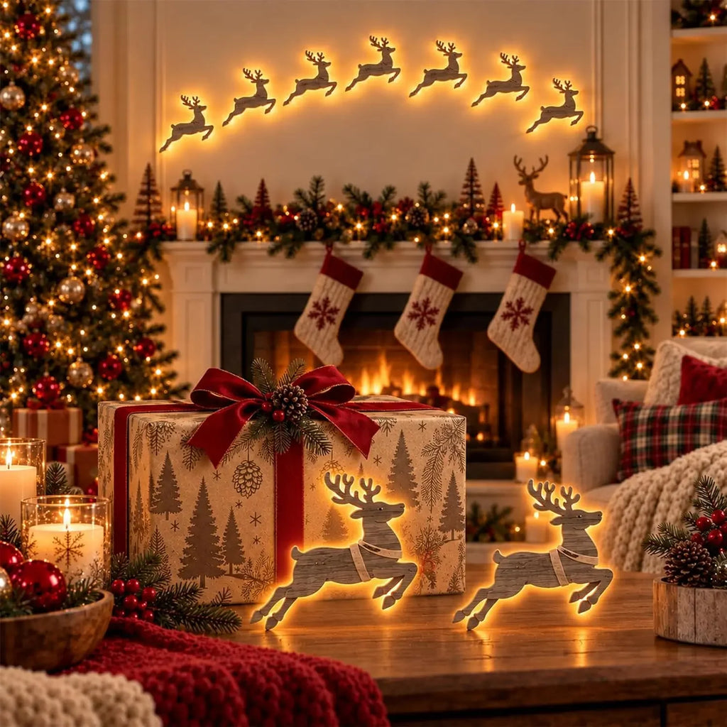 3D Reindeer Glow Santa Sleigh Christmas Wall Decoration Indoor Lighted,LED Light up Glowing Reindeer 3D Wooden Wall Art Stickers