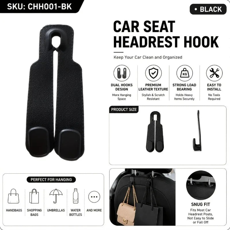 Car Seat Headrest Hooks 2 in 1 Leather Car Seat Back Hook Purse and Bag Backpack Double Hook Cars Seat Hanger Car Headrest Hooks