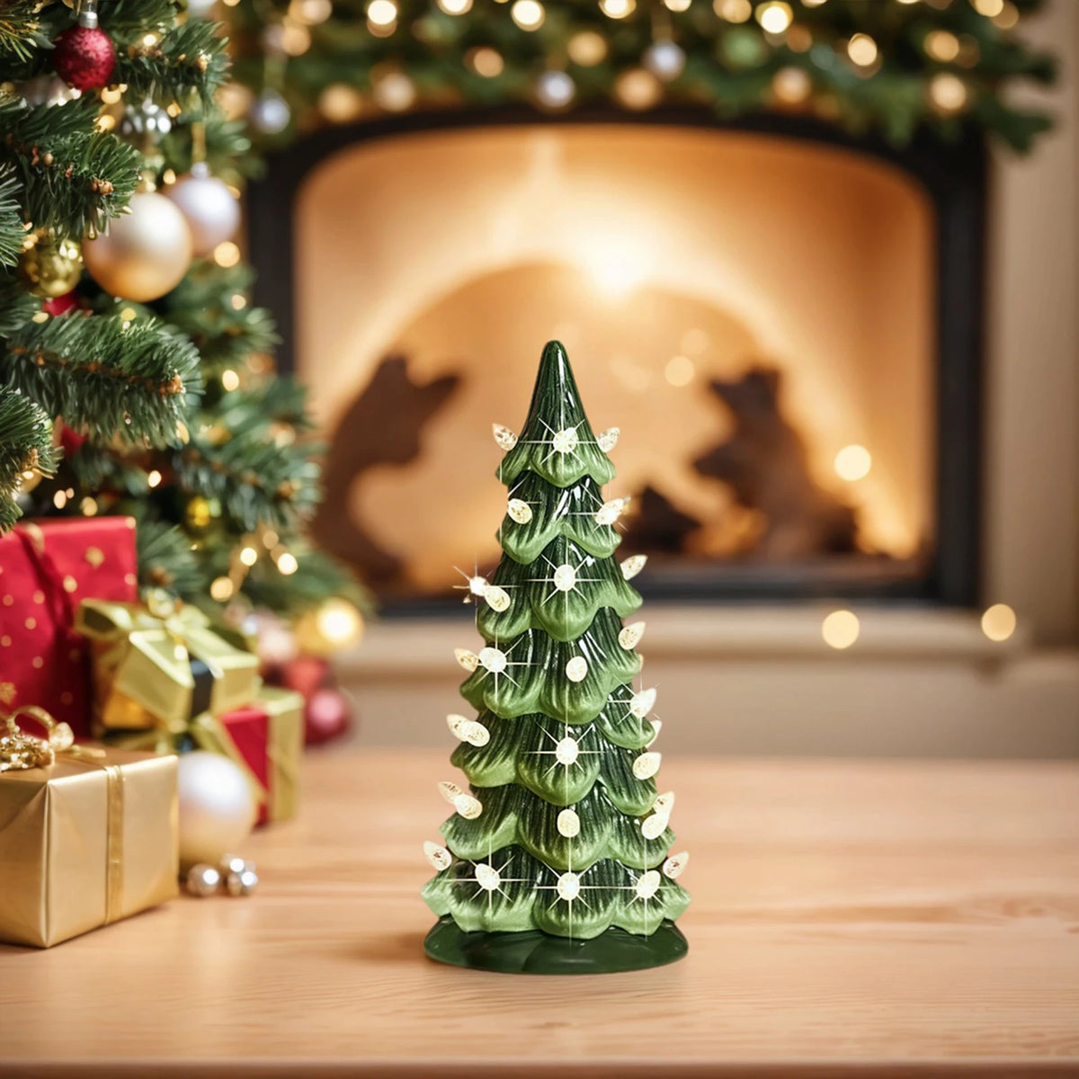 Retro Hand-Painted Tabletop Christmas Trees with LED Lights Resin Colorful LED Mini Christmas Tree for Home Christmas Decoration