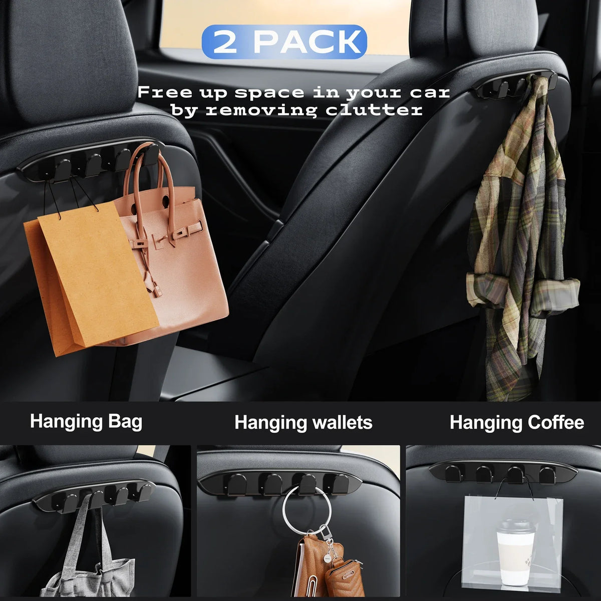 Hipacool 2 Pcs Car Seat Headrest Hook for Tesla Model Y 3 Accessories Storage Organizer Hooks Car Bag Purses Bag Keys Hat Hanger