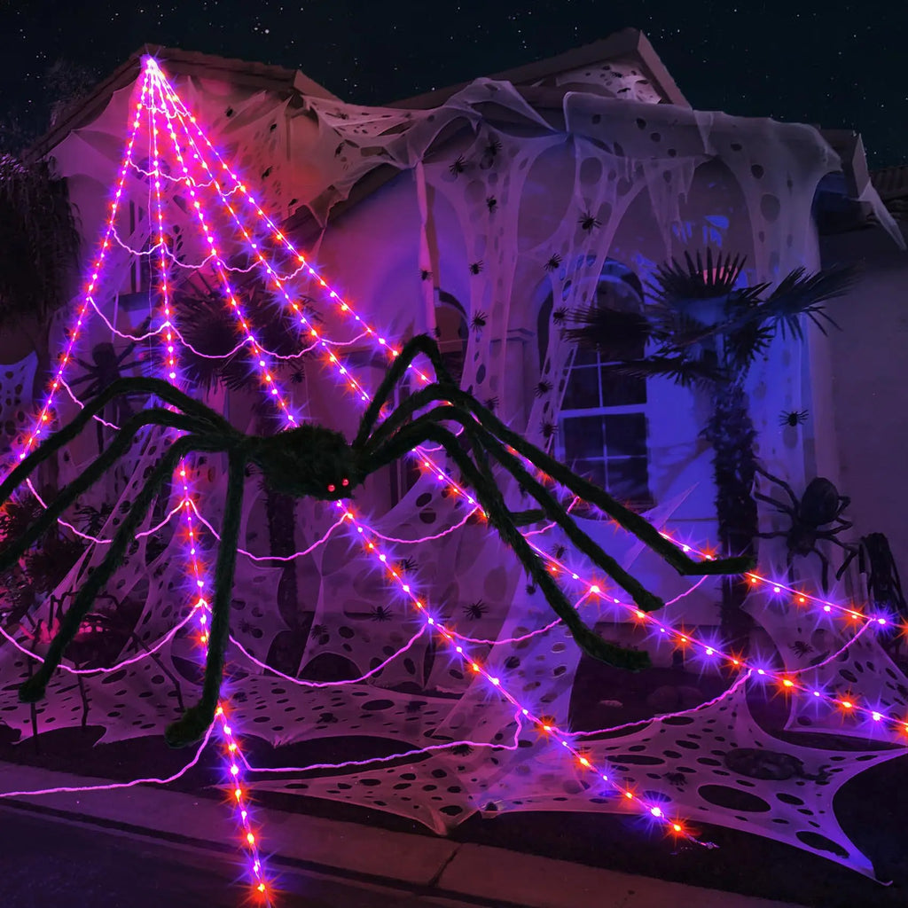 Practical 8 Modes Halloween Spider Web Lights Glow 250 LEDs LED Spider Net Hanging 5m Scary Giant Spider Haunted House