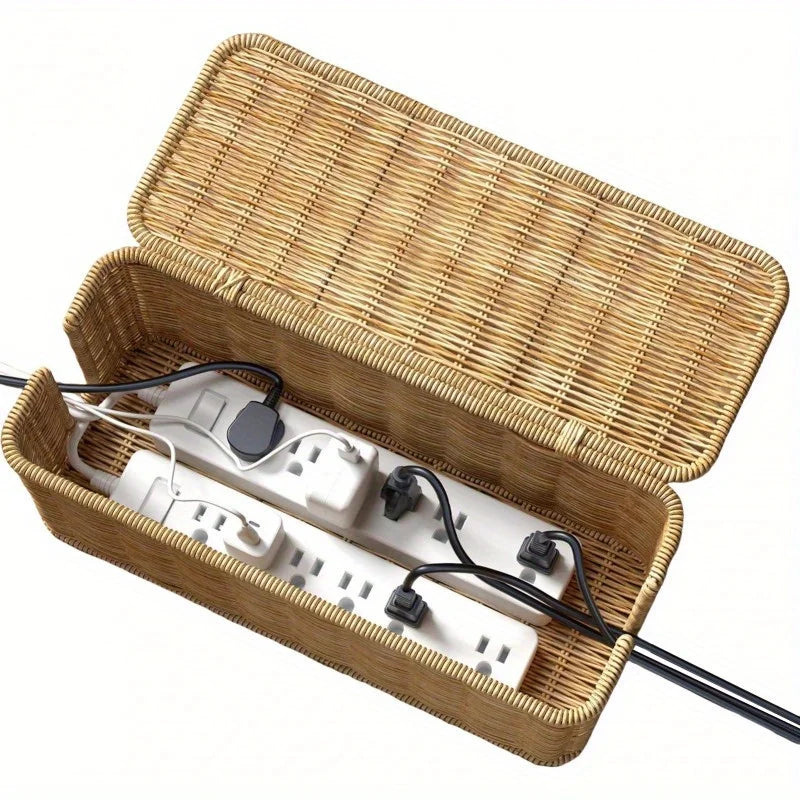 Durable Rattan Woven Cable Storage Box Desktop Cable Management Organizer Openable Lid Cable Entry Slots for Power Strip and Data Cables Home Office