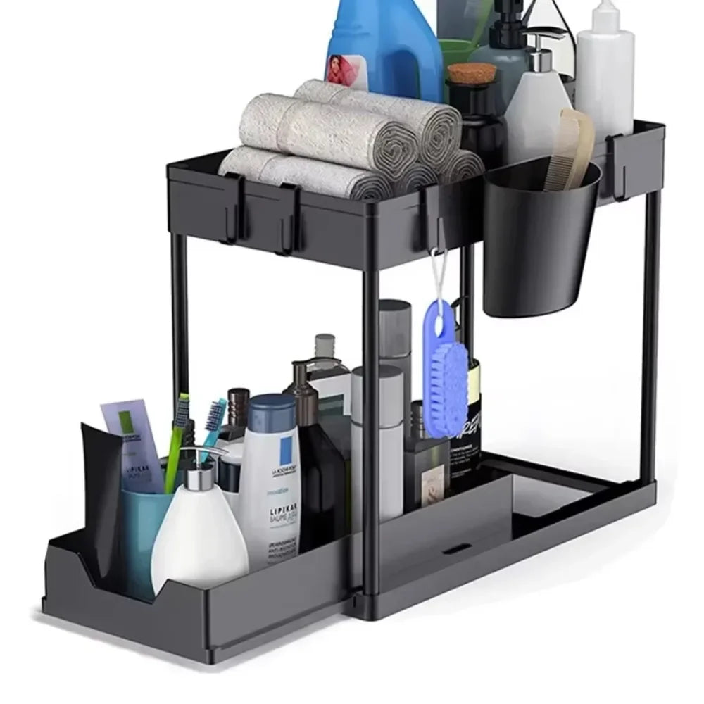 Multifunctional Storage Rack 2 Tier Under Sink Sliding Cabinet Basket Organizer Storage Rack with Hooks Hanging Cup Bathroom