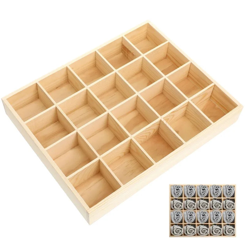 20-Section Wooden Drawer Organizer Natural Finish Storage Box for Clothes Socks Underwear Desk Vanity Tidy Compartment Dividers