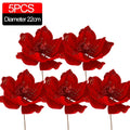 Artificial Glitter Christmas Flowers Red Poinsettia Xmas Tree Hanging Ornament Magnolia Fake Flower Wedding Party New Year Decor