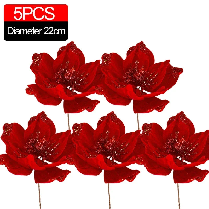 Artificial Glitter Christmas Flowers Red Poinsettia Xmas Tree Hanging Ornament Magnolia Fake Flower Wedding Party New Year Decor