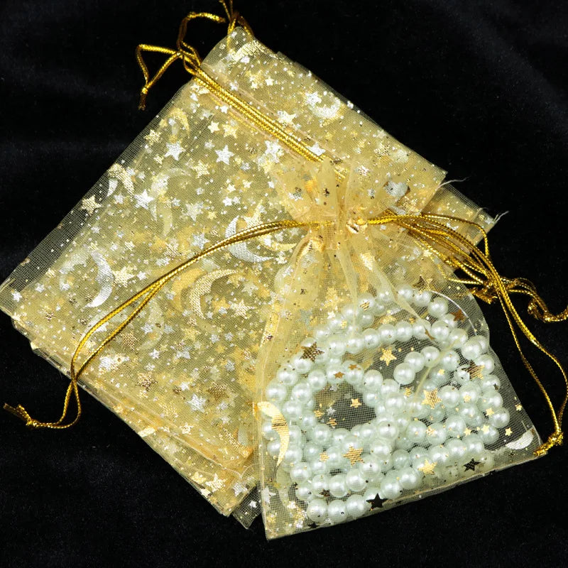 50pcs/lot 7x9cm Moon Star Organza Bags Adjustable Drawstring Bag for Wedding Gifts Candy Jewelry Packaging Pouch Wholesale