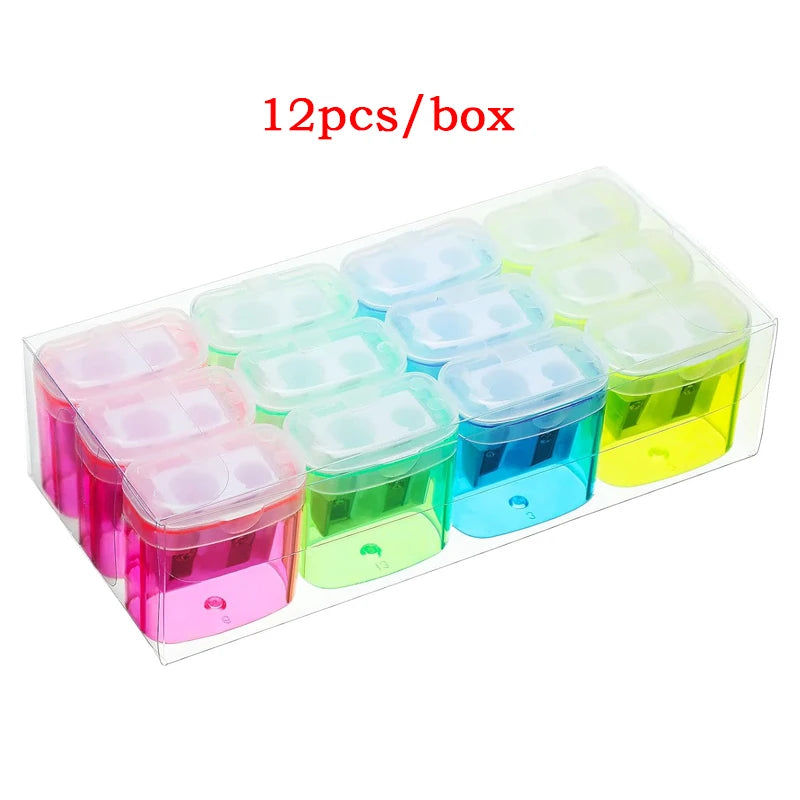 12pcs/box Manual Pencil Sharpener Small Colored Handheld Dual Hole Pencil Sharpeners with Lid 4 Color For Kids School Supplies