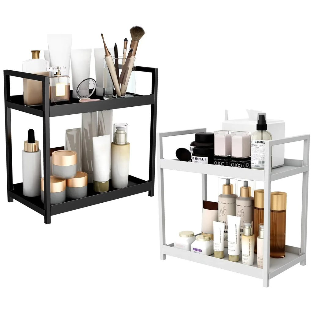 2 Tier Under Sink Organizer Sliding Cabinet Basket Organizer Storage Rack with Hooks Hanging Cup Bathroom Kitchen Organizer