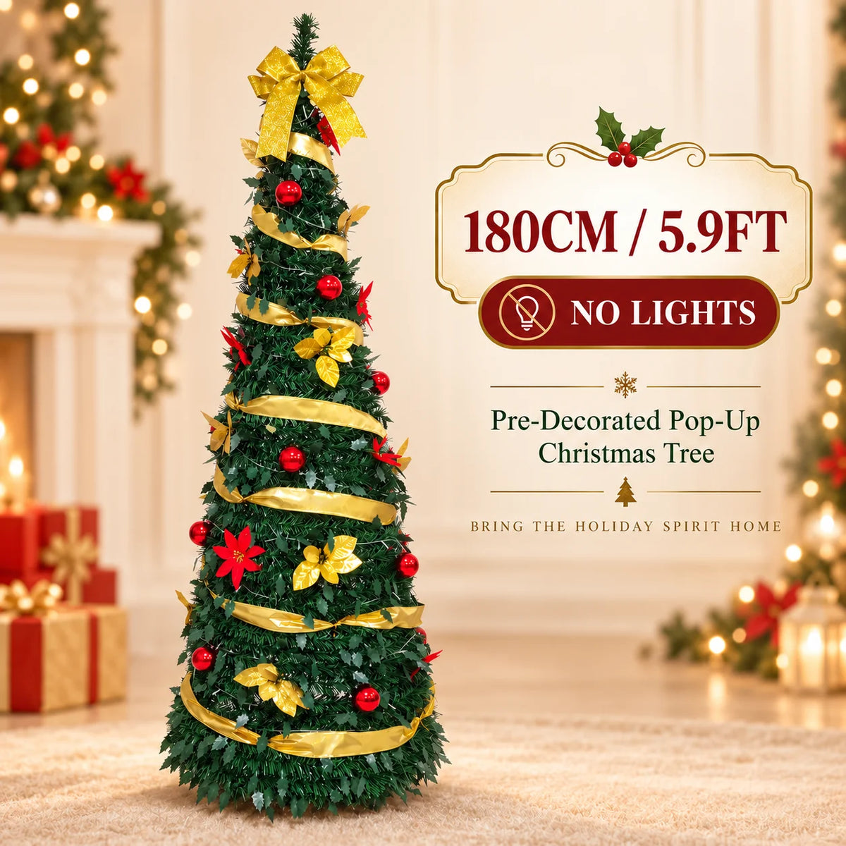 Pre Decorated Christmas Tree 120/150/180/210cm Artificial Xmas Tree with Warm Yellow LED Lights Gold Ribbon Red Ornaments Holida