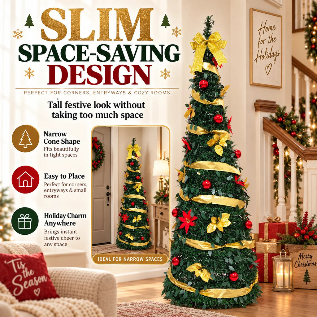 Pre Decorated Christmas Tree 120/150/180/210cm Artificial Xmas Tree with Warm Yellow LED Lights Gold Ribbon Red Ornaments Holida
