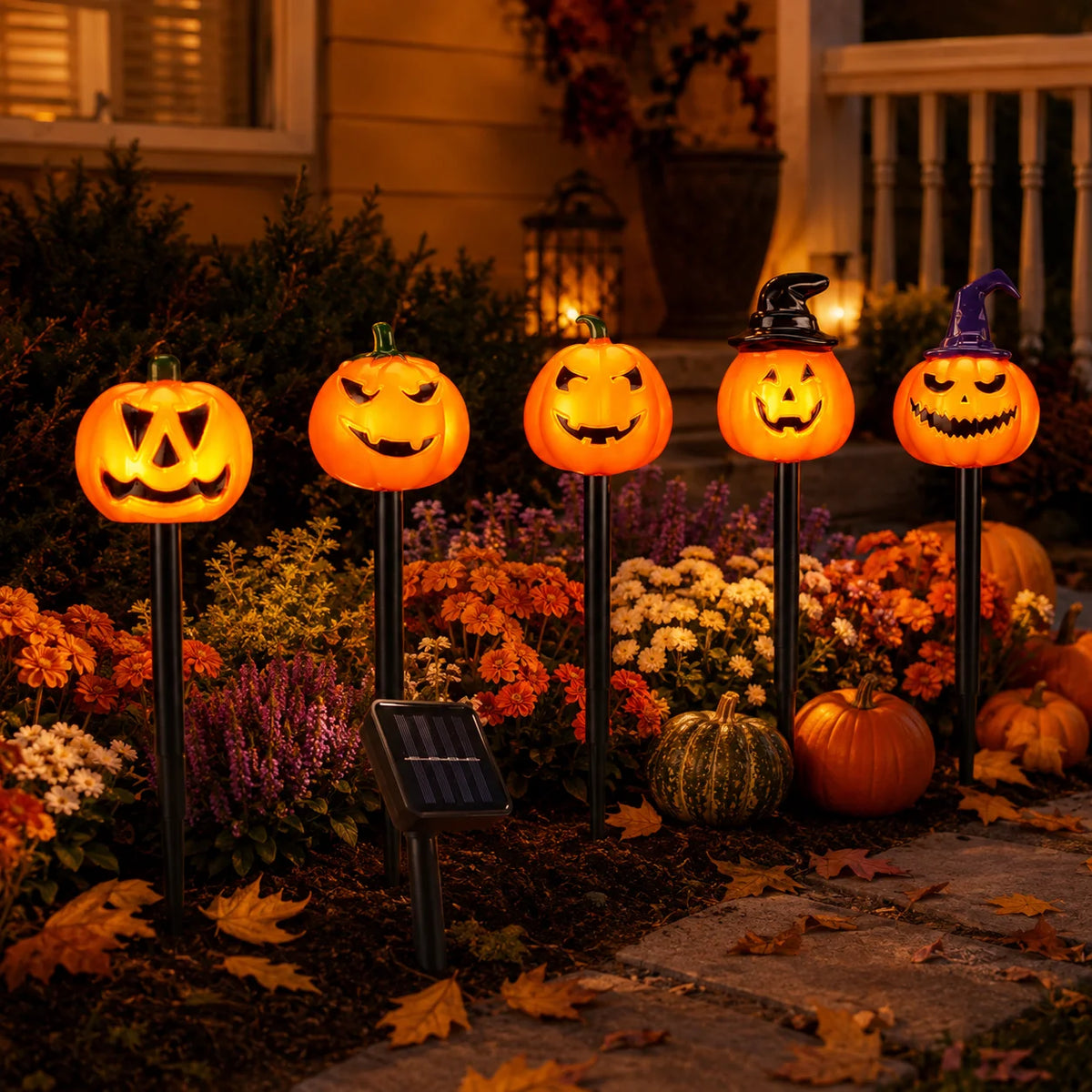 5pcs/set Halloween Horrible Pumpkin Stakes Lights Spooky Solar Powered Garden Lamp For Halloween Outdoor Party Yard Patio Decor