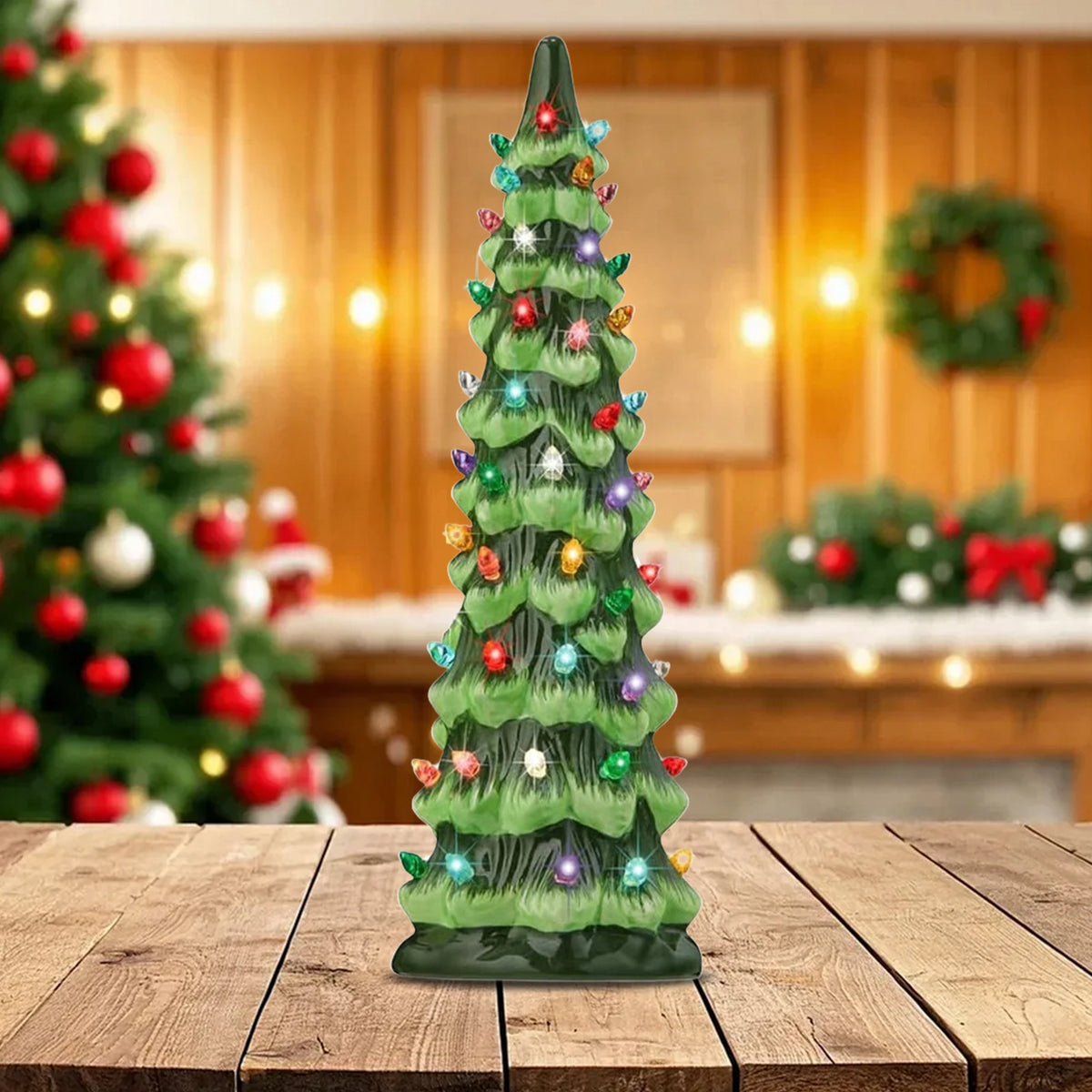 Retro Hand-Painted Tabletop Christmas Trees with LED Lights Resin Colorful LED Mini Christmas Tree for Home Christmas Decoration