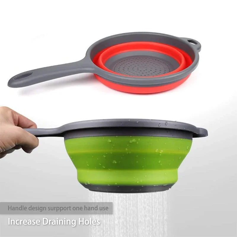 LMETJMA Silicone Collapsible Colander with Handle Kitchen Folding Strainer Colander for Draining Pasta Vegetable Fruit JT111