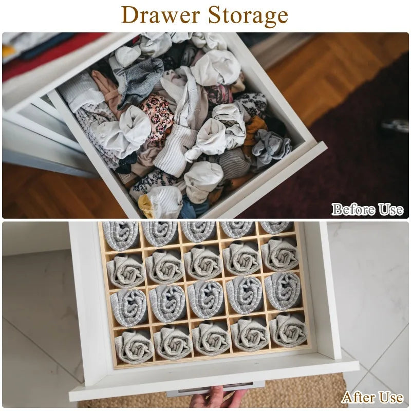 20-Section Wooden Drawer Organizer Natural Finish Storage Box for Clothes Socks Underwear Desk Vanity Tidy Compartment Dividers