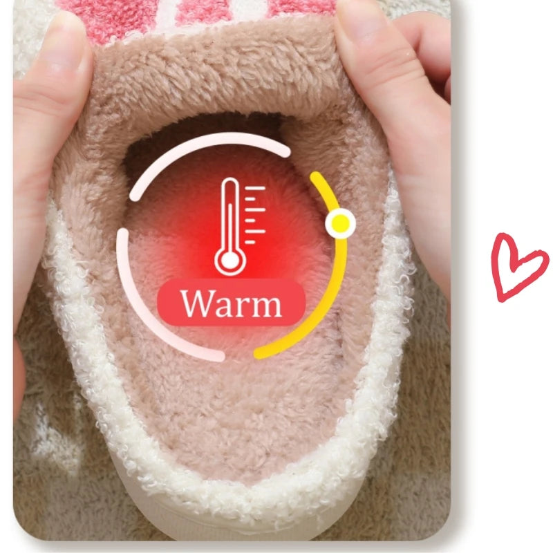 Women Winter Lovely Strawberry Plush Slippers Female Soft Home Warm Slides Adults Indoor Fashion Red Heart-shaped Pattern Shoes