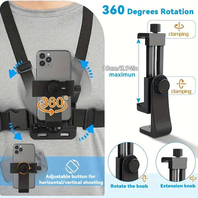 Chest Strap Mount With 360 Rotation Phone Clip For Gopro Hero Insta360 SJCAM DJI Osmo Smartphone Holder POV Shooting Accessories