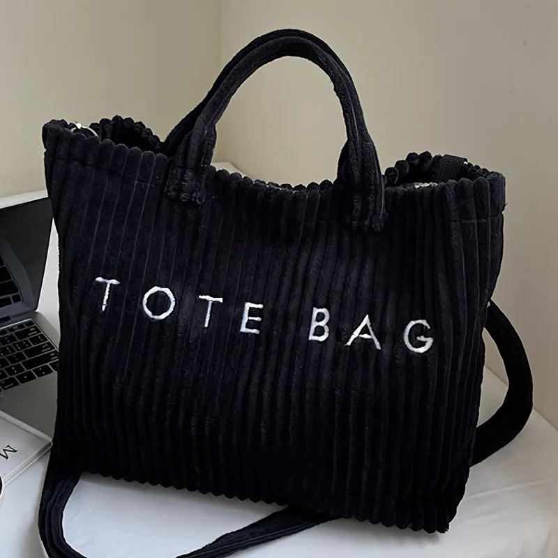 Large Capacity Striped Velvet Handbag Shoulder Bag for Woman Handbags Crossbody Bags, Versatile Letter Corduroy Women's Tote Bag