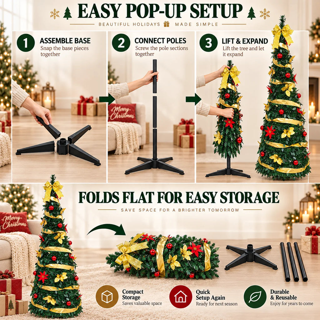 Pre Decorated Christmas Tree 120/150/180/210cm Artificial Xmas Tree with Warm Yellow LED Lights Gold Ribbon Red Ornaments Holida