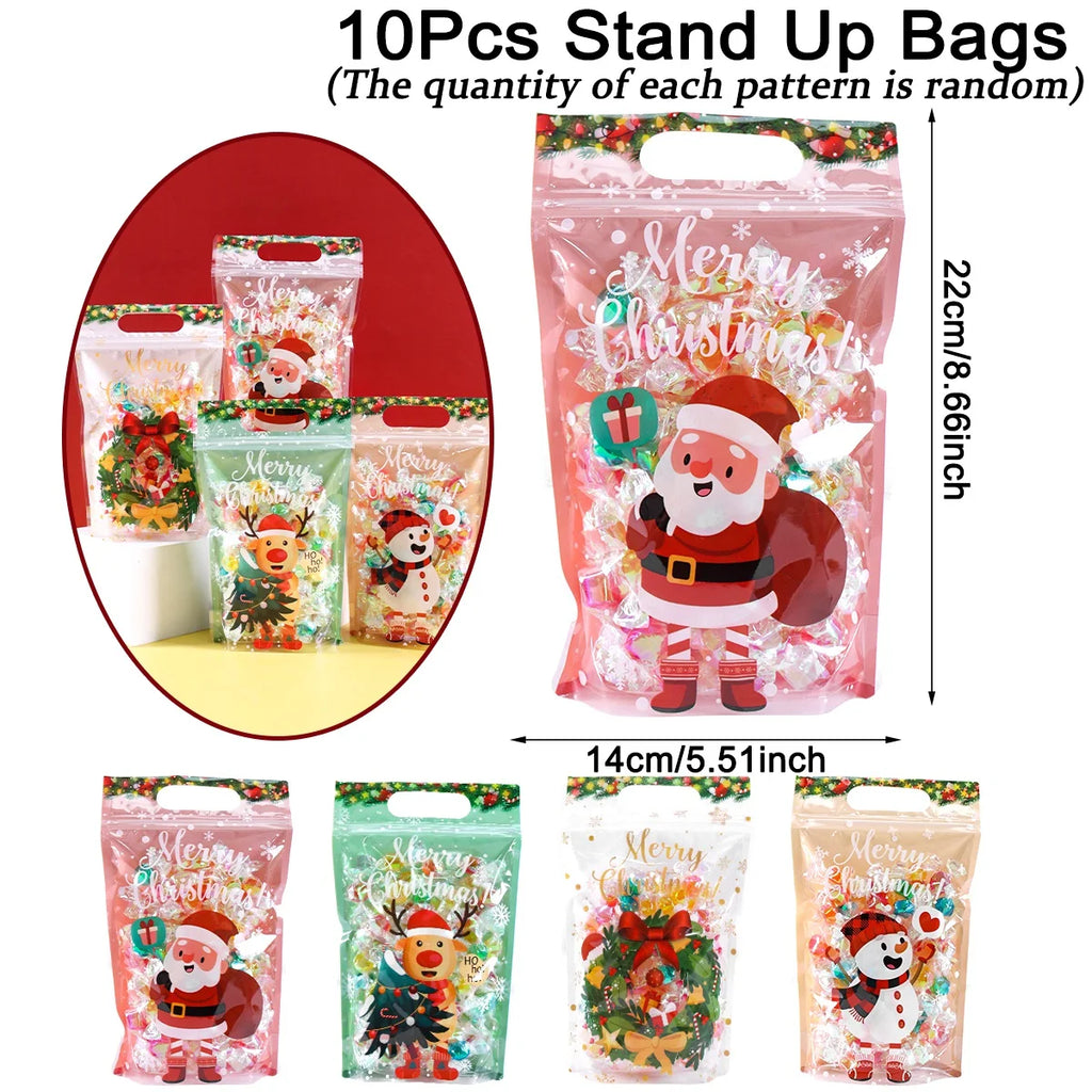 10/20pcs Merry Christmas Gift Bags Santa Elk Resealable Candy Bags with Zippers New Year Party Favor Bags Christmas Decoration