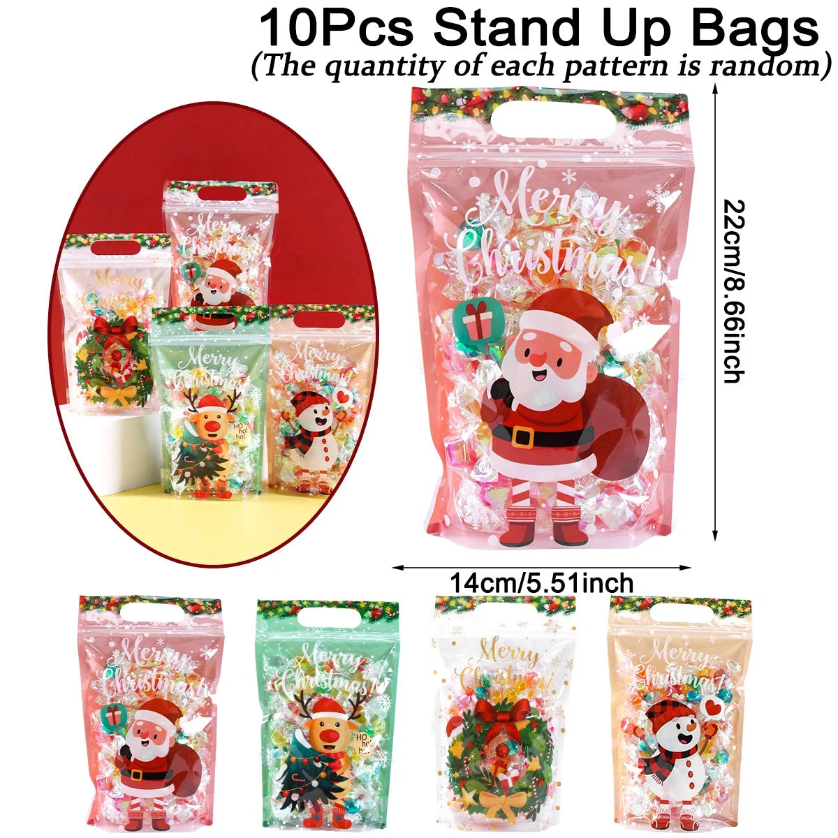 10/20pcs Merry Christmas Gift Bags Santa Elk Resealable Candy Bags with Zippers New Year Party Favor Bags Christmas Decoration