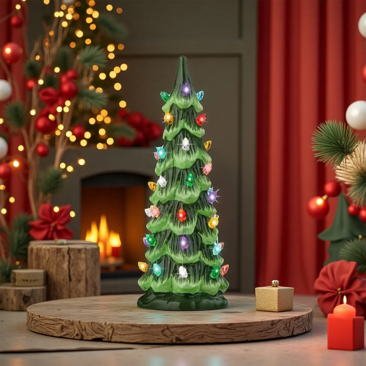 Retro Hand-Painted Tabletop Christmas Trees with LED Lights Resin Colorful LED Mini Christmas Tree for Home Christmas Decoration