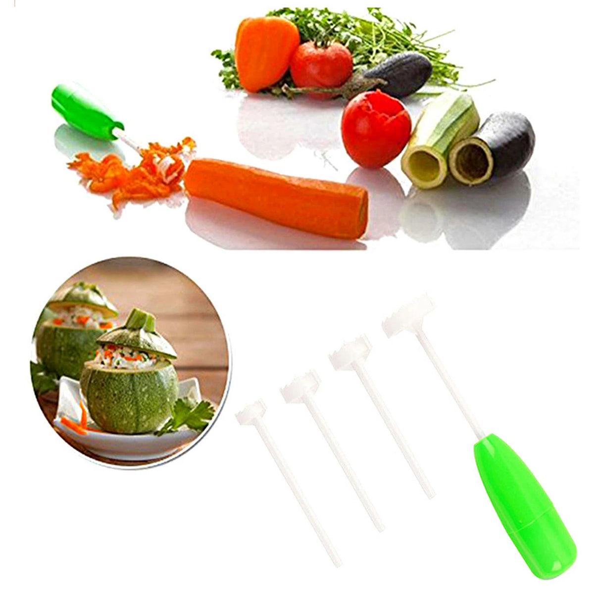 4 In 1 Fruit Vegetable Corer Spiral Digging Vege Drill Veggie Corkscrew Carver with 4Pcs Replaceable Head Spiralizer Cutter Tool