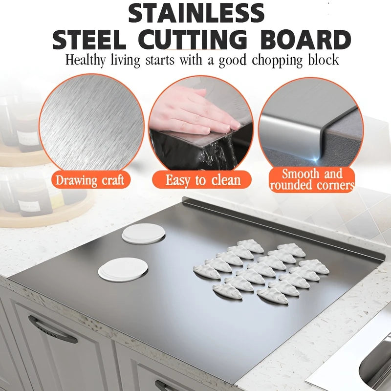Stainless Steel Cutting Board  Food Grade 304 Extra Large Chopping Board with Non-Slip L-Shaped Edge Metal Pastry Board Dough Roller Mat   Double Sided for Meat Vegetables Dough Kneading Baking Kitchen Tool