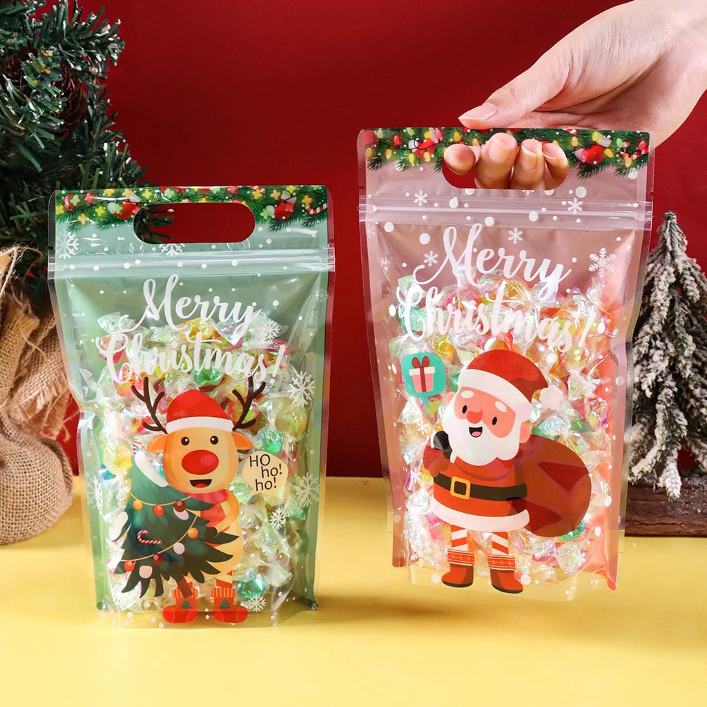 10/20pcs Merry Christmas Gift Bags Santa Elk Resealable Candy Bags with Zippers New Year Party Favor Bags Christmas Decoration