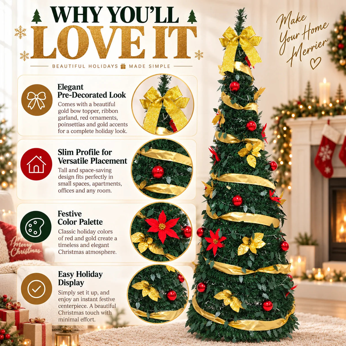 Pre Decorated Christmas Tree 120/150/180/210cm Artificial Xmas Tree with Warm Yellow LED Lights Gold Ribbon Red Ornaments Holida